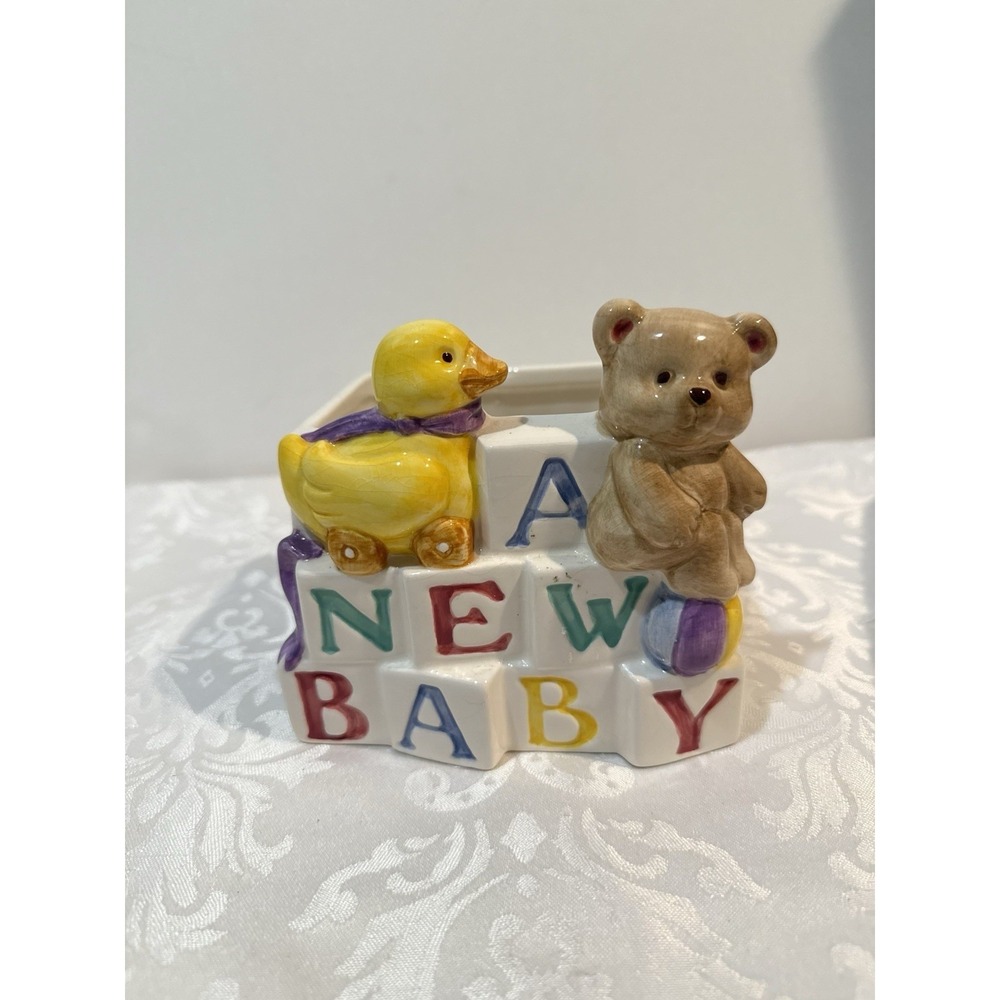 vintage Napco ceramic nursery planter hand-painted teddy bear yellow‎ duckling